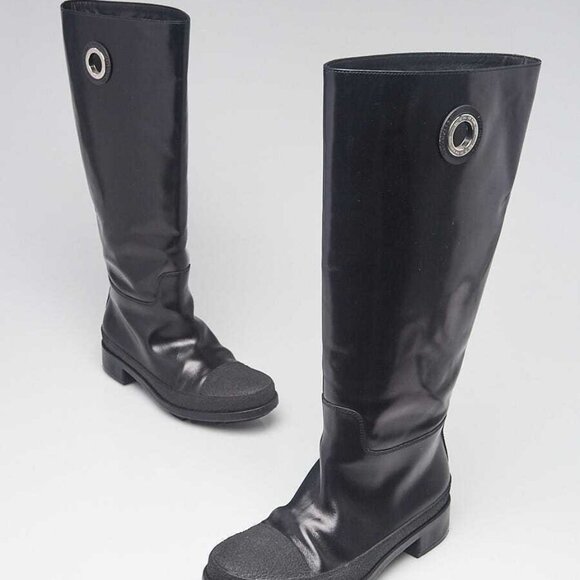 Balenciaga Black Glossed Leather Tall Rain Boots Size 6/36.5 - Picture 1 of 5